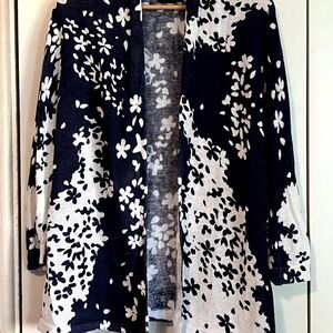 Investments Womens Blue & White Floral Long Sleeve Kimono Style Light Sweater Lg